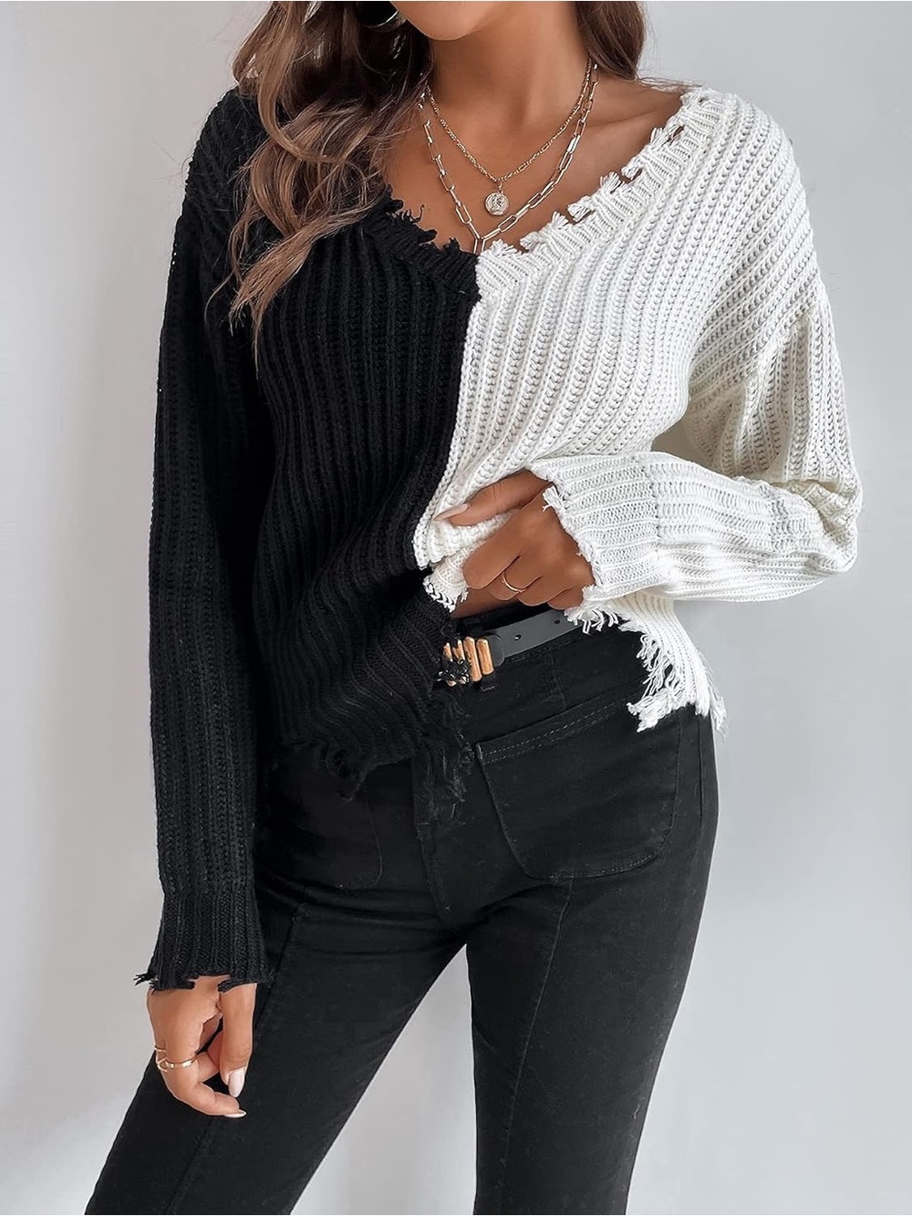 Colorblock Black & White Distressed V-Neck Sweater